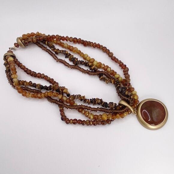 Vintage Amber Tone Lucite MultiStrand Necklace with Cabochon Pendant - Picture 7 of 7